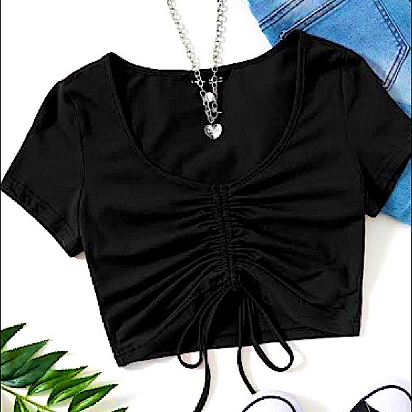 SHEIN Tops - Black drawstring rib-knit cropped tee